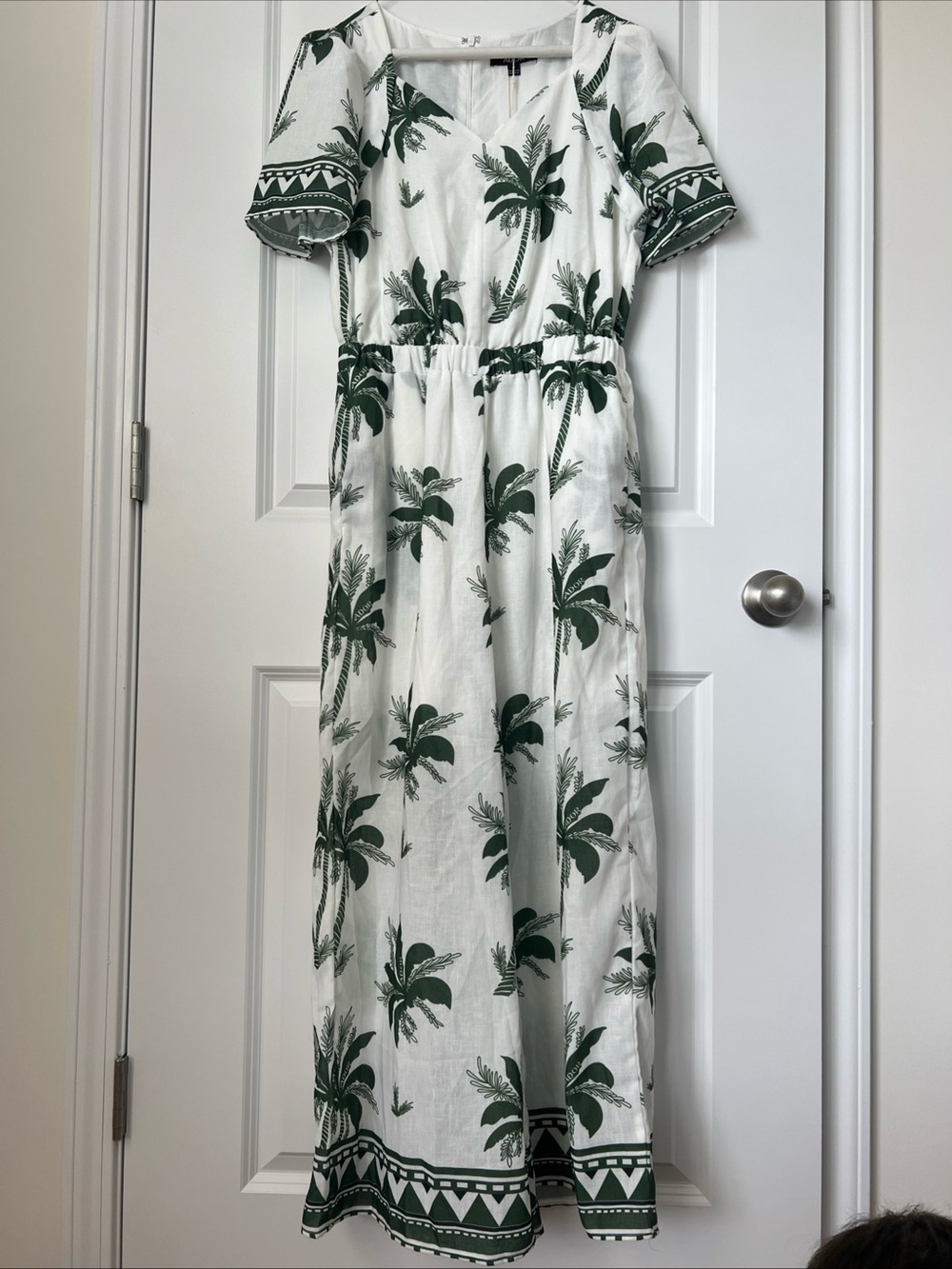 NWT Ador Holiday Print Faux Linen Jumpsuit Green Palm Tree Wide Leg  M